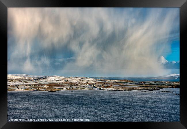 Dramatic snow storms hits Cunningsburgh Shetland Framed Print by Richard Ashbee