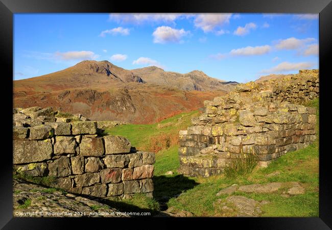 The Scafell's from Hardknott Roman Fort  Framed Print by Andrew Ray