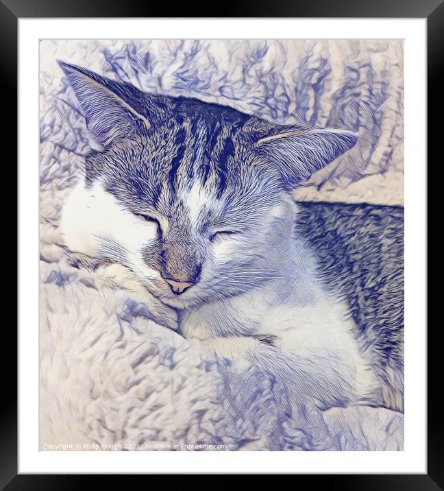 A cat lying on a bed Framed Mounted Print by Philip Gough
