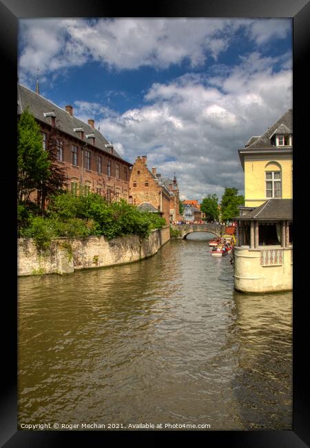 Serene Bruges Canal Scene Framed Print by Roger Mechan
