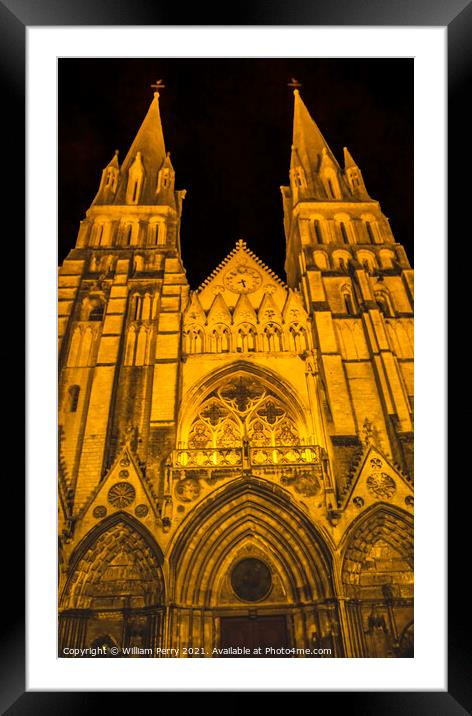 Illuminated Cathedral Facade Night Church Bayeux Normandy France Framed Mounted Print by William Perry