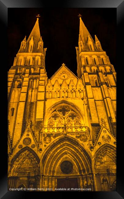 Illuminated Cathedral Facade Night Church Bayeux Normandy France Framed Print by William Perry