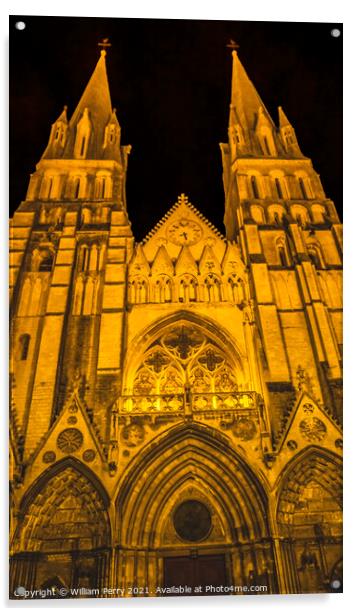 Illuminated Cathedral Facade Night Church Bayeux Normandy France Acrylic by William Perry