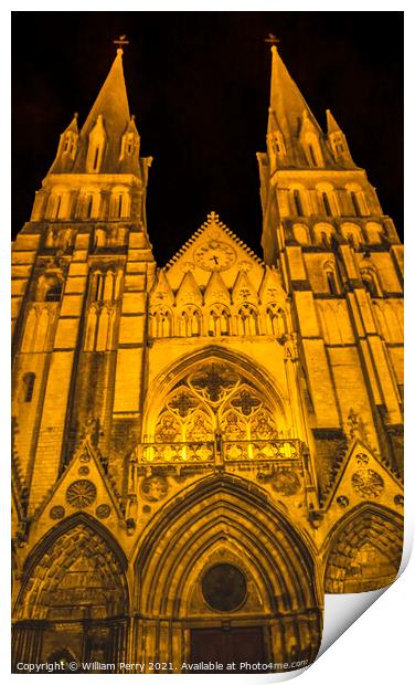 Illuminated Cathedral Facade Night Church Bayeux Normandy France Print by William Perry