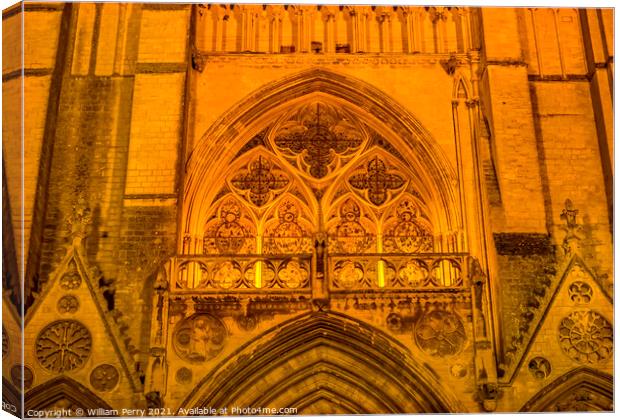 Illuminated Cathedral Facade Close Night Church Bayeux Normandy  Canvas Print by William Perry