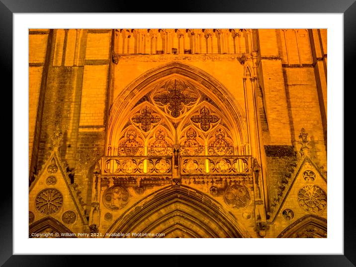 Illuminated Cathedral Facade Close Night Church Bayeux Normandy  Framed Mounted Print by William Perry