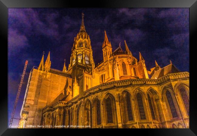 Illuminated Cathedral Nights Lights Church Bayeux Normandy Franc Framed Print by William Perry