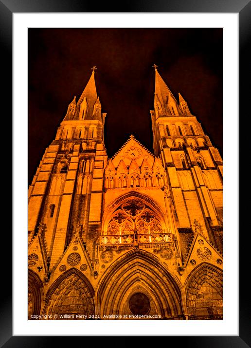 Illuminated Cathedral Facade Night Church Bayeux Normandy France Framed Mounted Print by William Perry