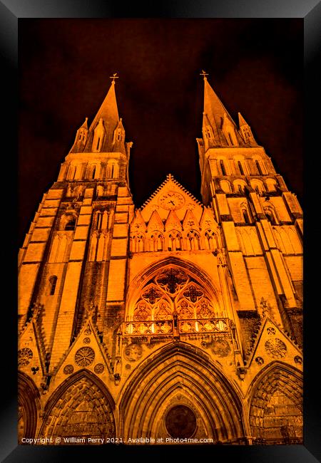 Illuminated Cathedral Facade Night Church Bayeux Normandy France Framed Print by William Perry