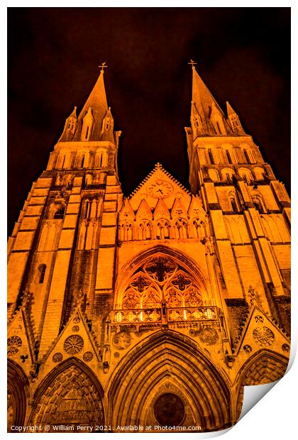 Illuminated Cathedral Facade Night Church Bayeux Normandy France Print by William Perry