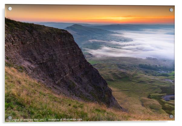 Misty sunrise at Mam Tor Acrylic by Andrew Ray