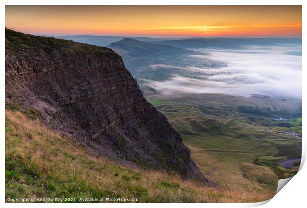Misty sunrise at Mam Tor Print by Andrew Ray