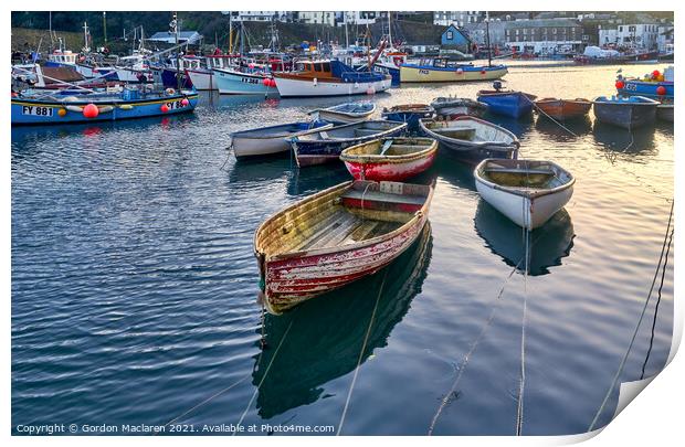 Boats moored in Mevagissey Harbour, Cornwall, England Print by Gordon Maclaren