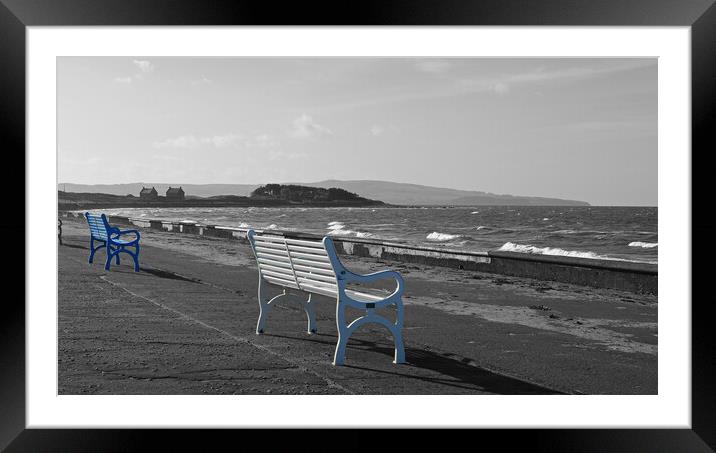 Prestwick promenade benches  (b&w colour splash) Framed Mounted Print by Allan Durward Photography