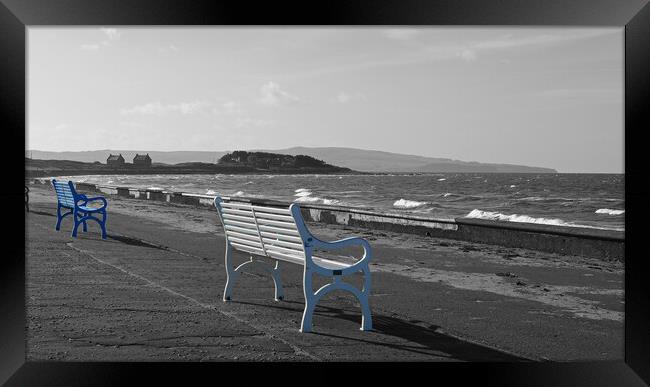 Prestwick promenade benches  (b&w colour splash) Framed Print by Allan Durward Photography