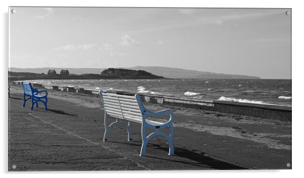 Prestwick promenade benches  (b&w colour splash) Acrylic by Allan Durward Photography