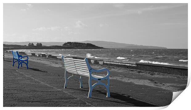 Prestwick promenade benches  (b&w colour splash) Print by Allan Durward Photography