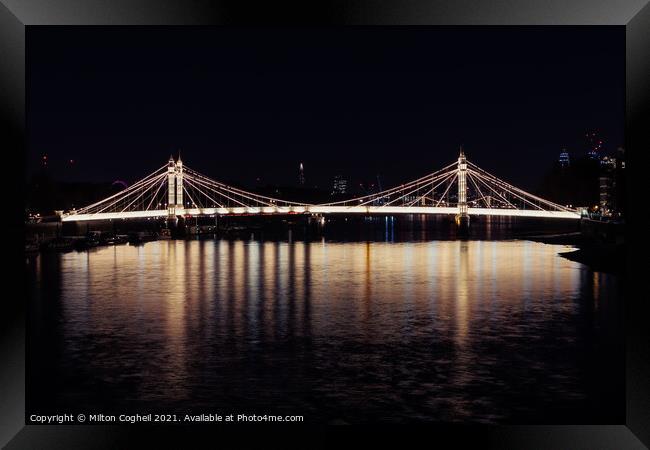 Iconic Albert bridge at night, reflected in the River Thames Framed Print by Milton Cogheil