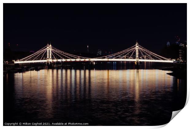 Iconic Albert bridge at night, reflected in the River Thames Print by Milton Cogheil