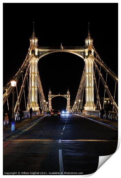Iconic Albert bridge illuminated at night Print by Milton Cogheil