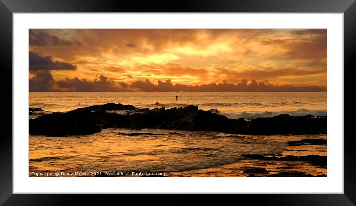 Sunset Surfers Fistral Beach Newquay Framed Mounted Print by Diana Mower