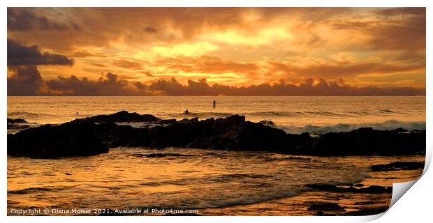 Sunset Surfers Fistral Beach Newquay Print by Diana Mower