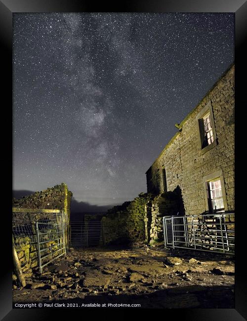 Milky Way and derelict Swaledale farmhouse. Framed Print by Paul Clark