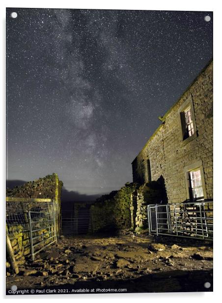 Milky Way and derelict Swaledale farmhouse. Acrylic by Paul Clark