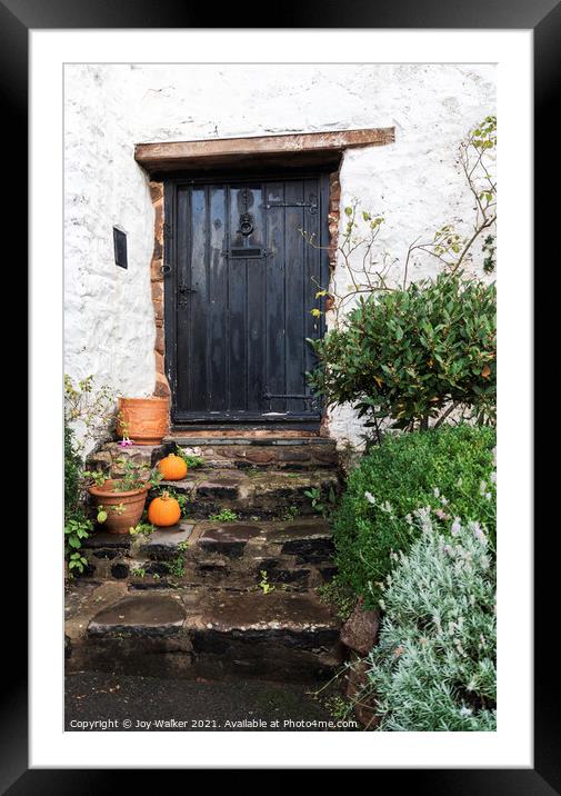 Old cottage door with pumpkins outside, Minehead, Somerset, UK Framed Mounted Print by Joy Walker