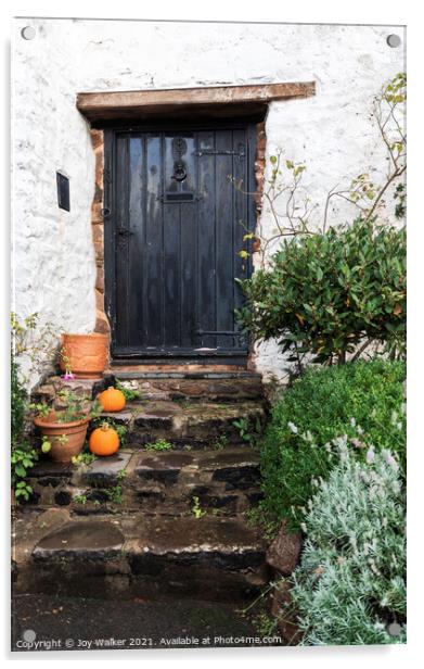 Old cottage door with pumpkins outside, Minehead, Somerset, UK Acrylic by Joy Walker
