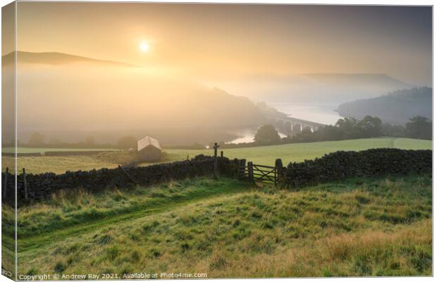 Misty view of Ladybower Canvas Print by Andrew Ray