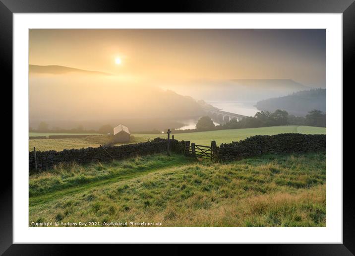 Misty view of Ladybower Framed Mounted Print by Andrew Ray