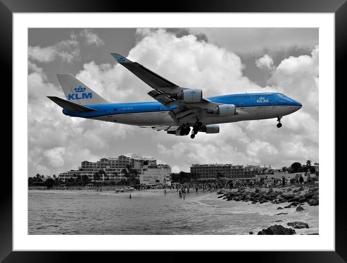 KLM Boeing747 landing over Maho beach Sint Maarten Framed Mounted Print by Allan Durward Photography
