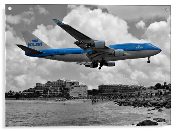 KLM Boeing747 landing over Maho beach Sint Maarten Acrylic by Allan Durward Photography
