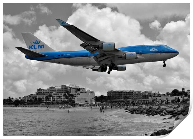KLM Boeing747 landing over Maho beach Sint Maarten Print by Allan Durward Photography