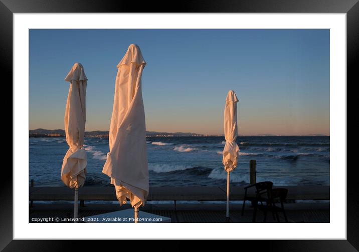 Beach bar in Valencia, Spain, during sunset Framed Mounted Print by Lensw0rld 