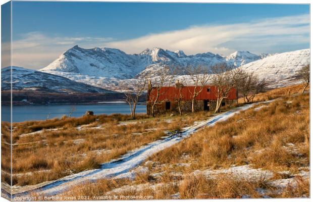 A Winters Tale of Ruins and Cuillin Mountains Canvas Print by Barbara Jones