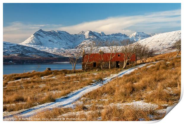 A Winters Tale of Ruins and Cuillin Mountains Print by Barbara Jones