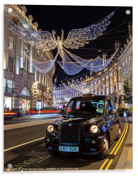 Taxi with Regent Street Christmas Lights in London, UK Acrylic by Chris Dorney