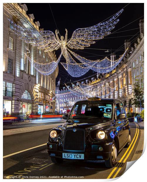Taxi with Regent Street Christmas Lights in London, UK Print by Chris Dorney