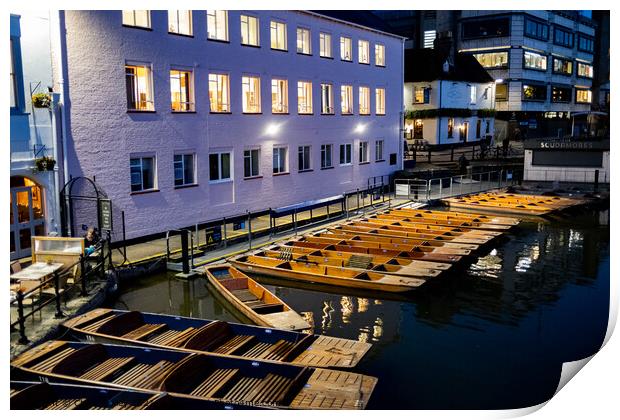 Punts on the River Cam, Cambridge at night Print by Chris Yaxley