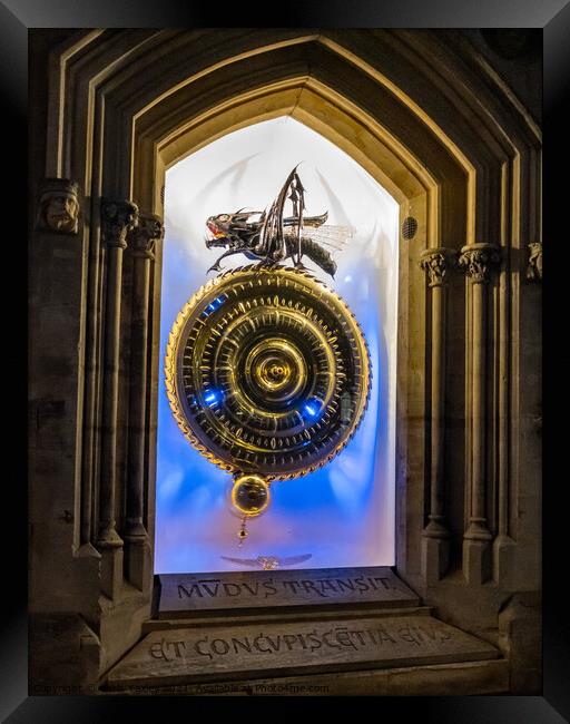The Corpus Grasshopper clock illuminated at night Framed Print by Chris Yaxley