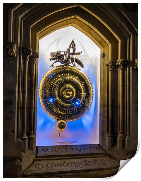 The Corpus Grasshopper clock illuminated at night Print by Chris Yaxley