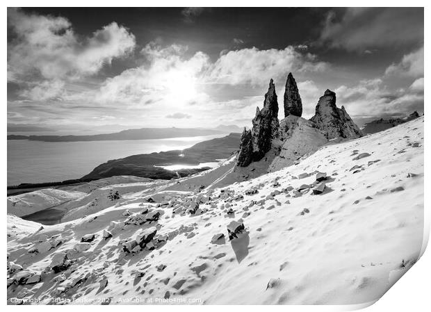 The Old Man of Storr in winter Print by Justin Foulkes