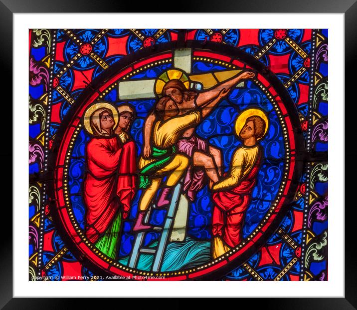 Colorful Curcifixion Stained Glass Cathedral Church Bayeux Norma Framed Mounted Print by William Perry