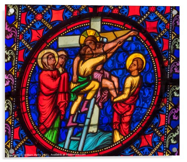 Colorful Curcifixion Stained Glass Cathedral Church Bayeux Norma Acrylic by William Perry
