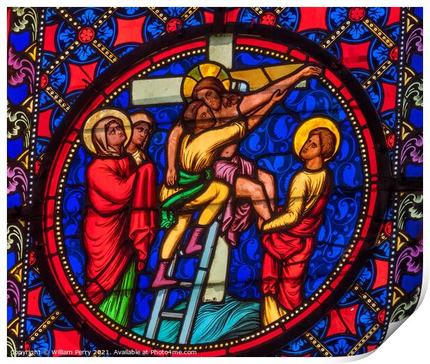 Colorful Curcifixion Stained Glass Cathedral Church Bayeux Norma Print by William Perry