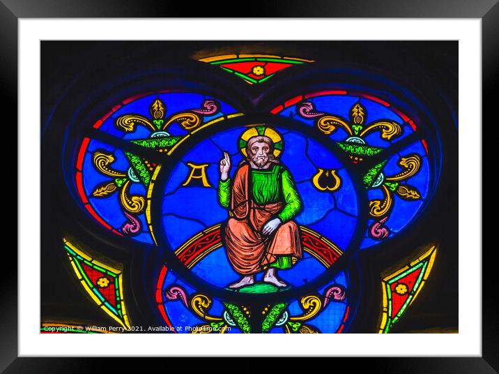 Colorful Jesus Christ Stained Glass Cathedral Church Bayeux Norm Framed Mounted Print by William Perry