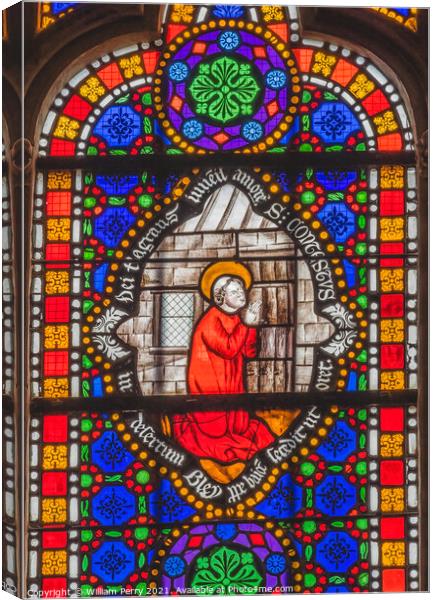 Colorful Saint Praying Stained Glass Cathedral Church Bayeux Nor Canvas Print by William Perry