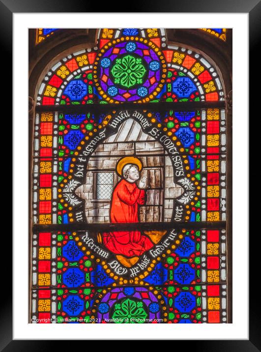Colorful Saint Praying Stained Glass Cathedral Church Bayeux Nor Framed Mounted Print by William Perry